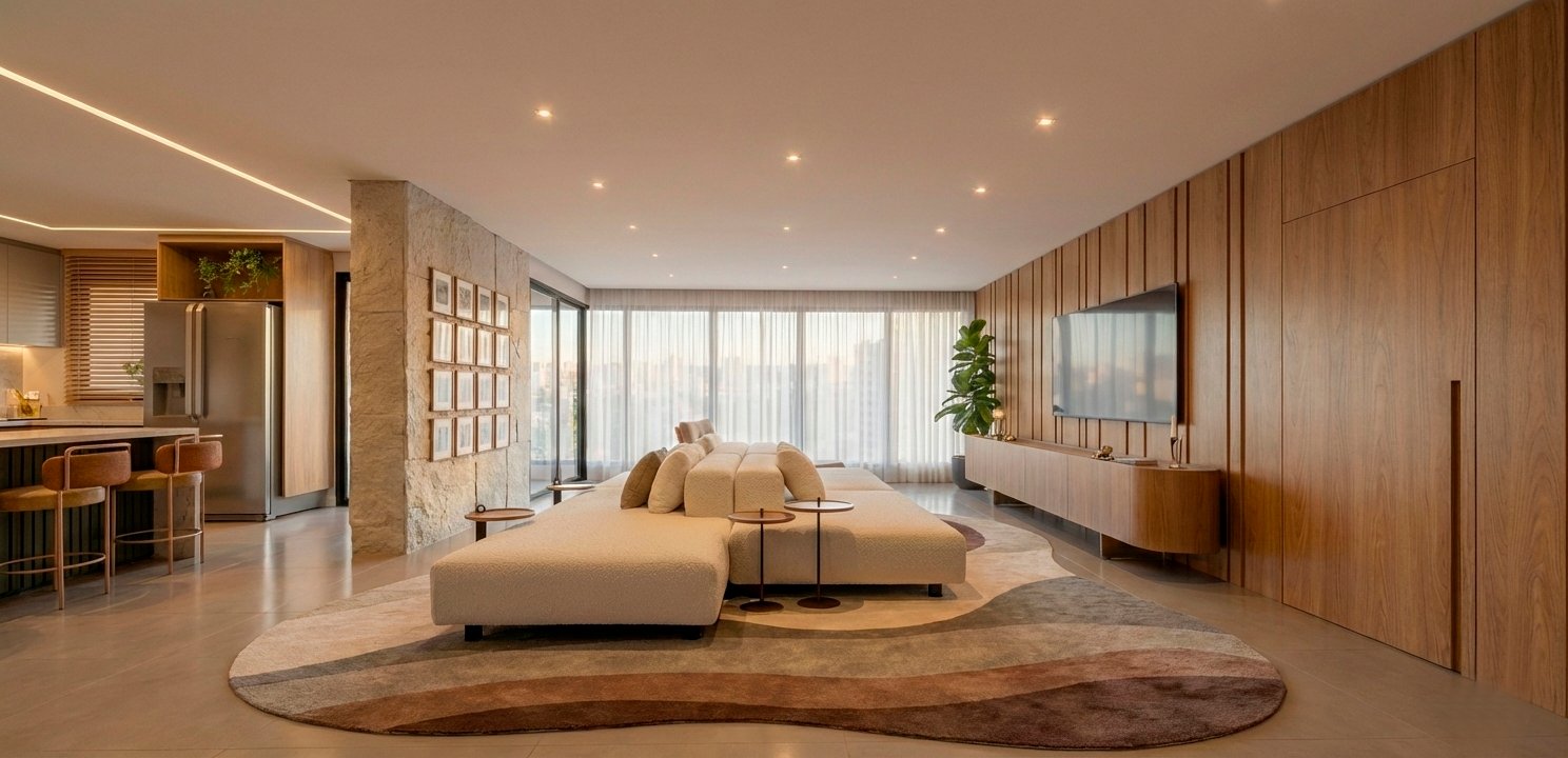 Living com sofá bouclê