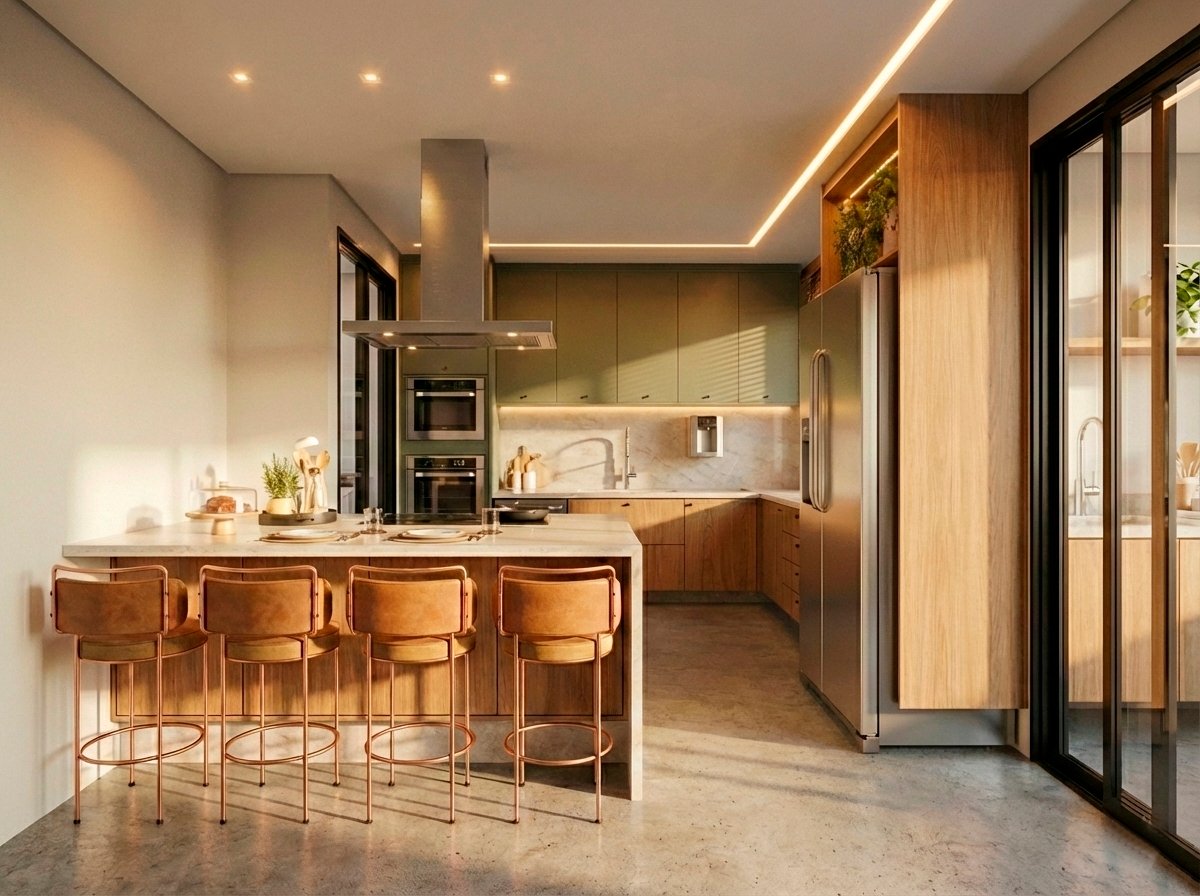 Cozinha com banquetas cobre